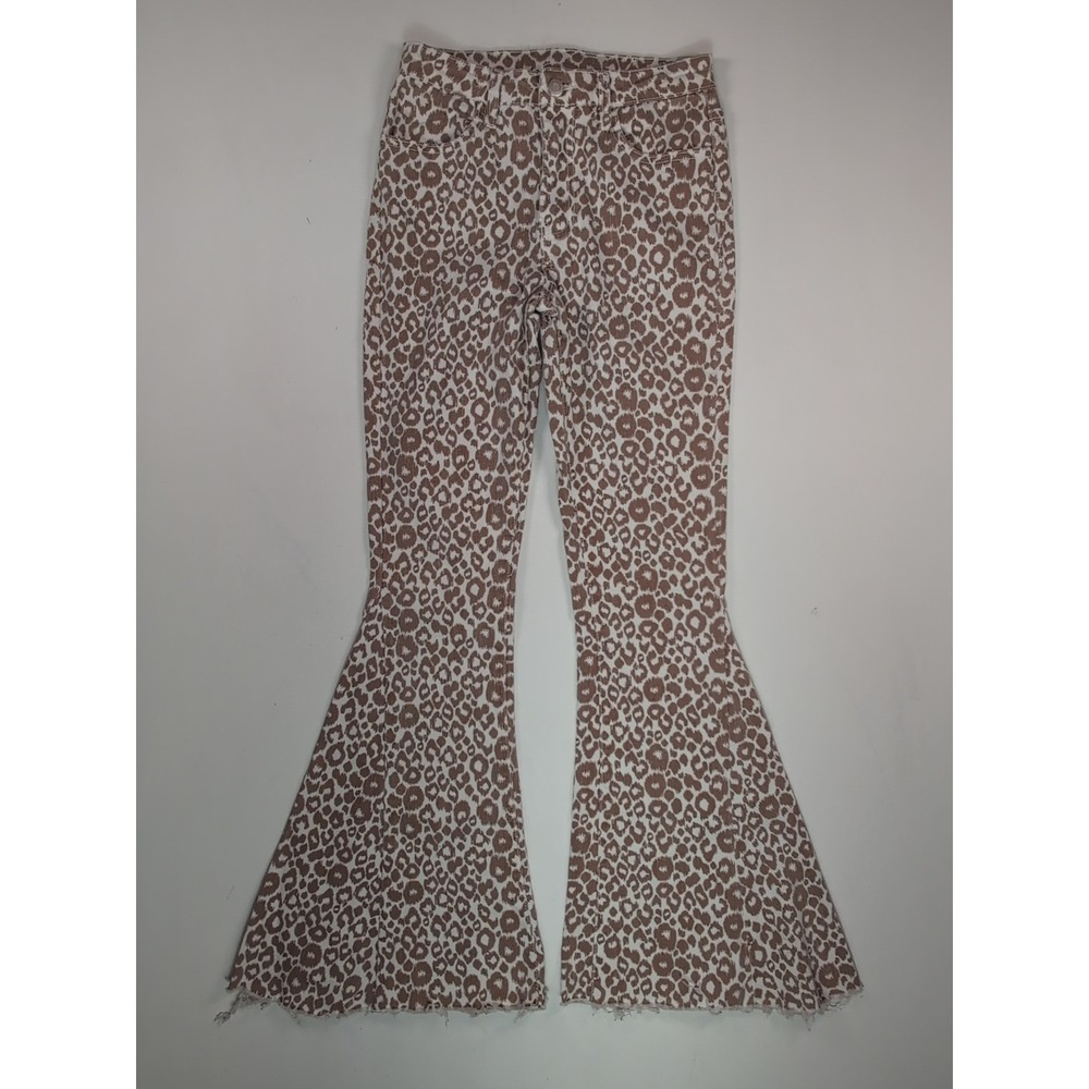 Saints & Hearts Leopard Print Flare Pants Bell Bottom Raw Hem Tan White Small